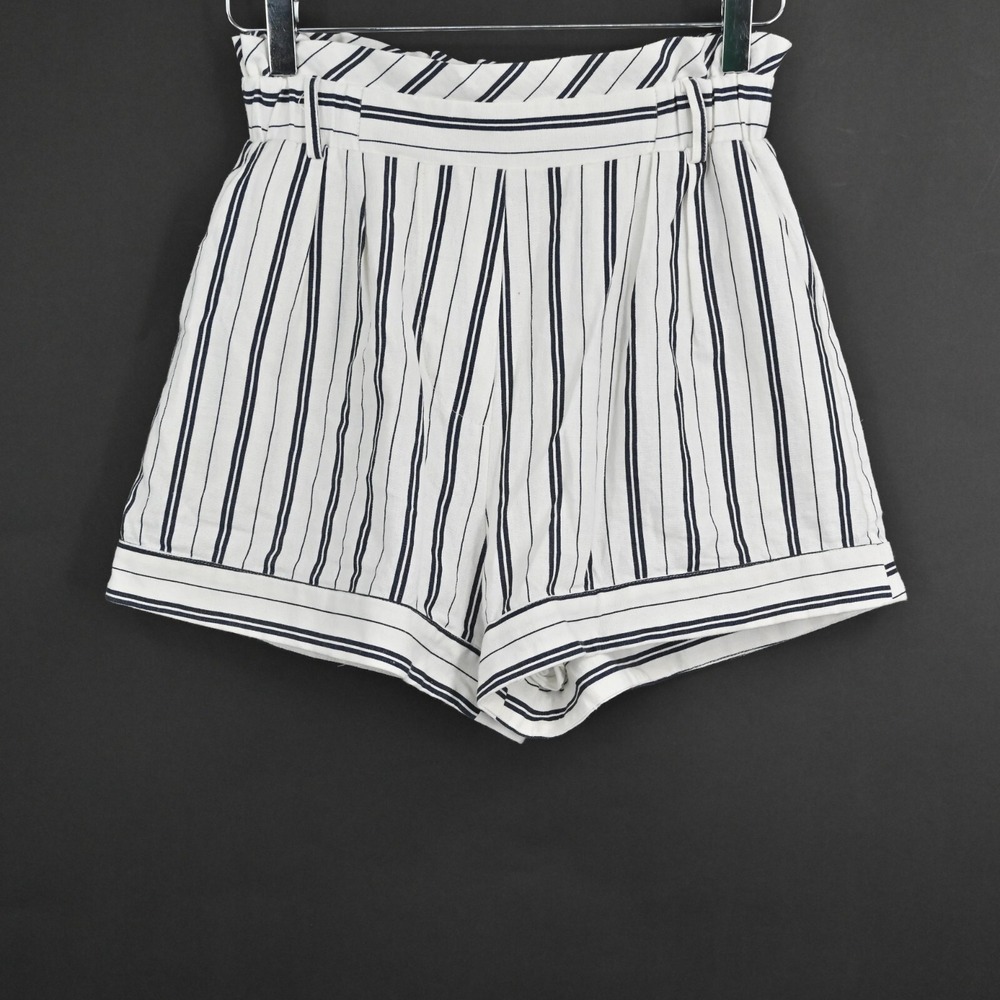 SUBOO Shorts Womens Size 4 Straighty 180 High Waist Striped Navy Ivory Linen‎